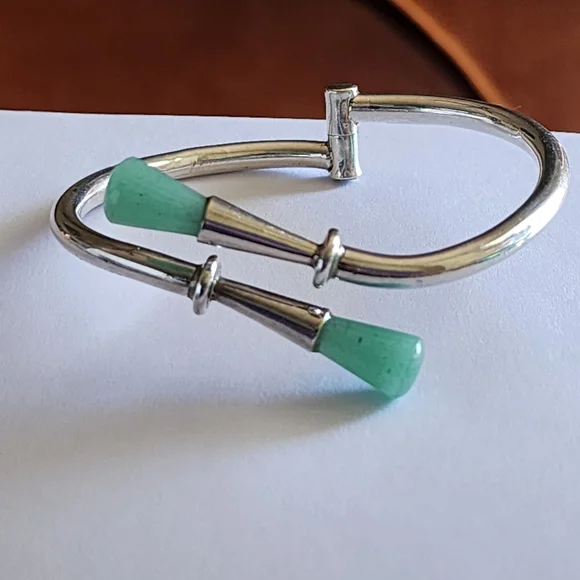 Sterling Silver Hinged bracelet Signed Mexico green Jade jewelry Fine Invest - Picture 7 of 8